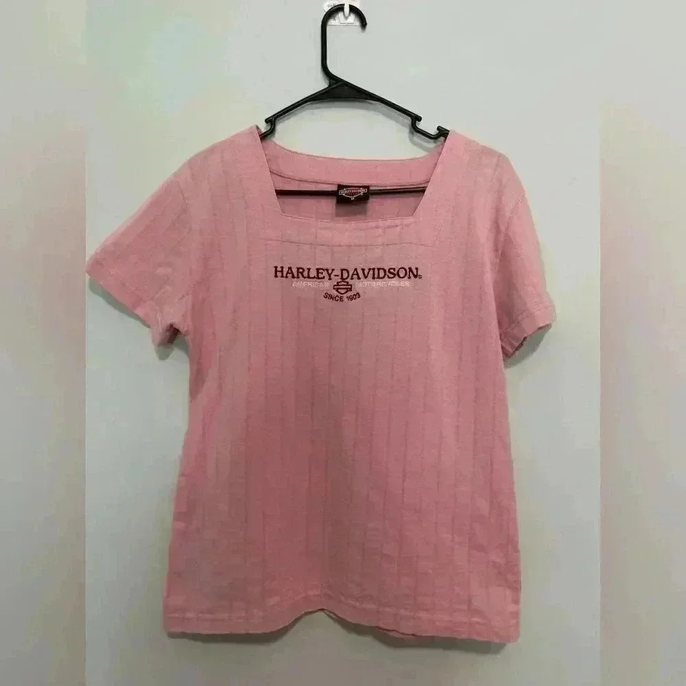 Harley Davidson Original Logo Womens Square Neck Top Size M Pink Short sleeve